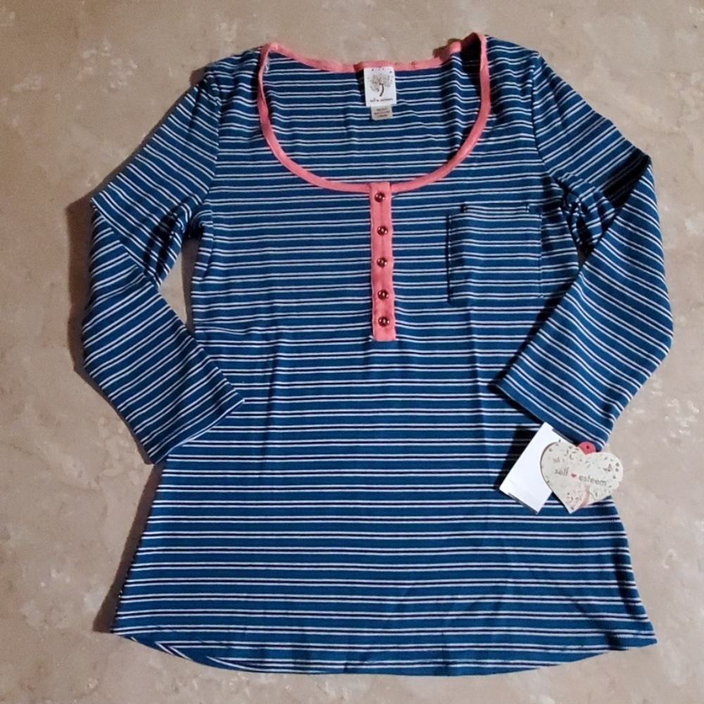 Self Esteem Blue Strip Henley Top Shirt L